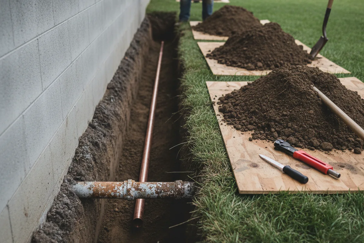 Excavated water line trench during Water Heater Repair in Walnut Bottom